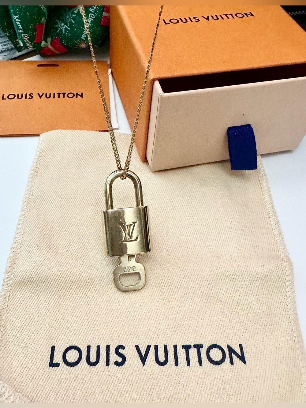 Authentic Louis Vuitton Lock 337 Key Set Box Dustbag Card 14k Gold .925 Chain
